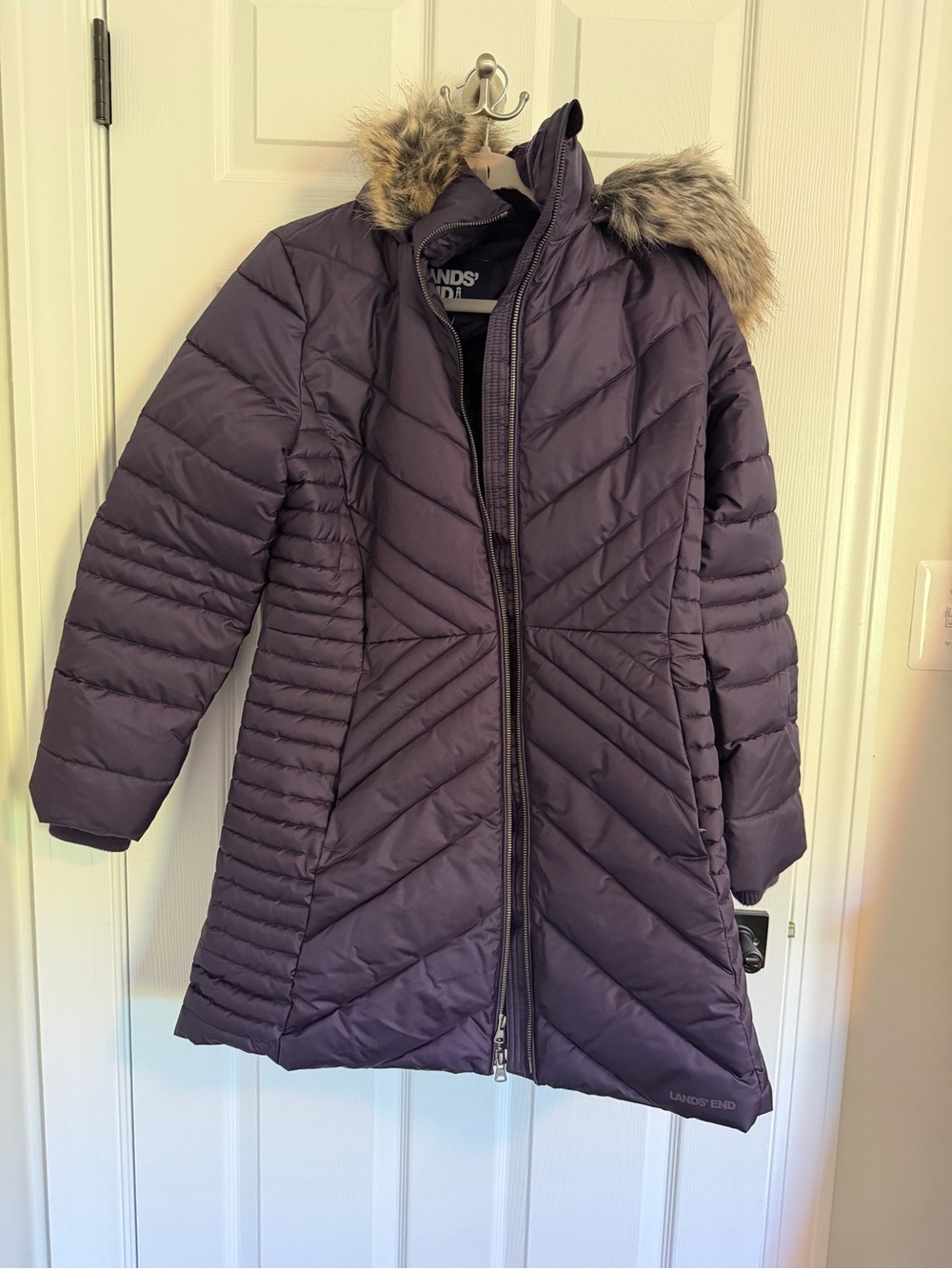 Lands' End Women's Deep Purple Quilted Hooded Puffer with Faux Fur Trim